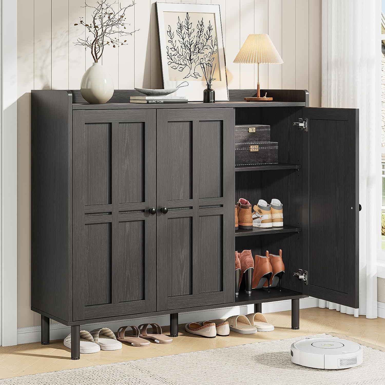 Black 3-Door Tall Farmhouse Shoe Storage Cabinet