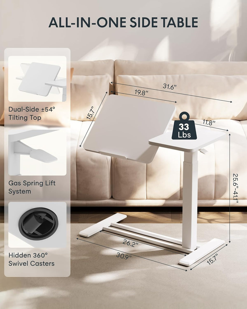 White Adjustable Tilting Top C Side Table with Wheels