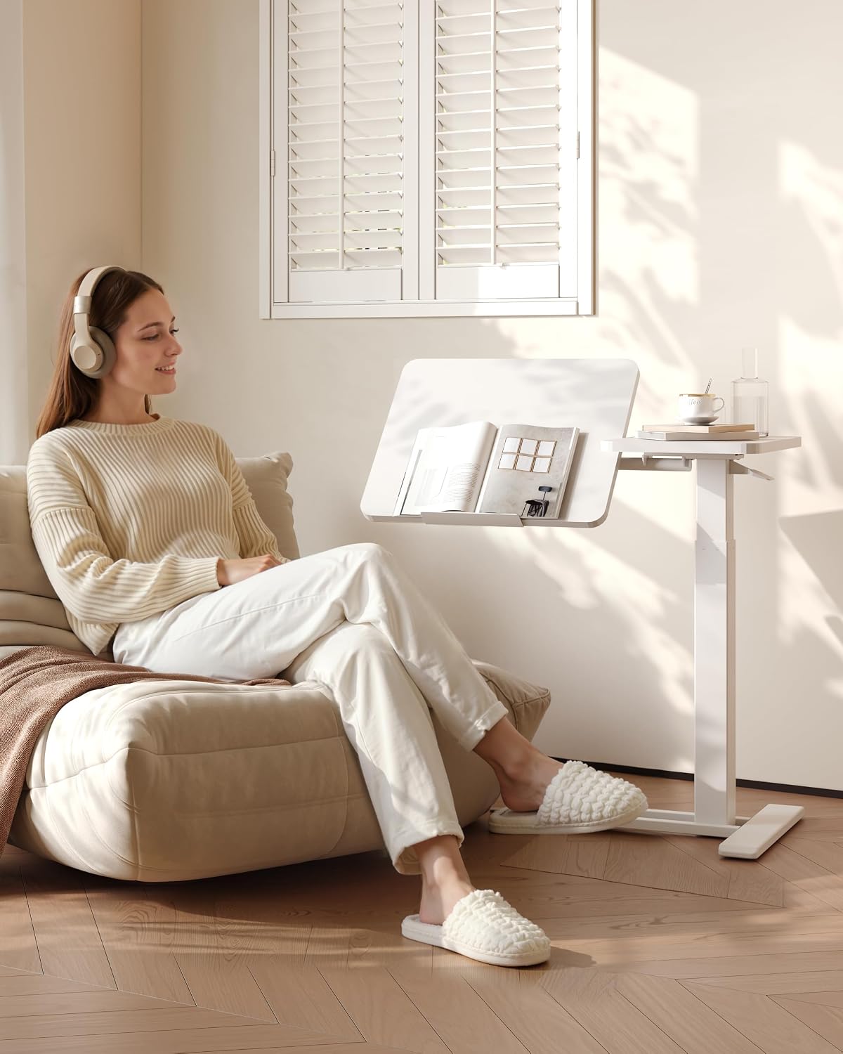 White Adjustable Tilting Top C Side Table with Wheels
