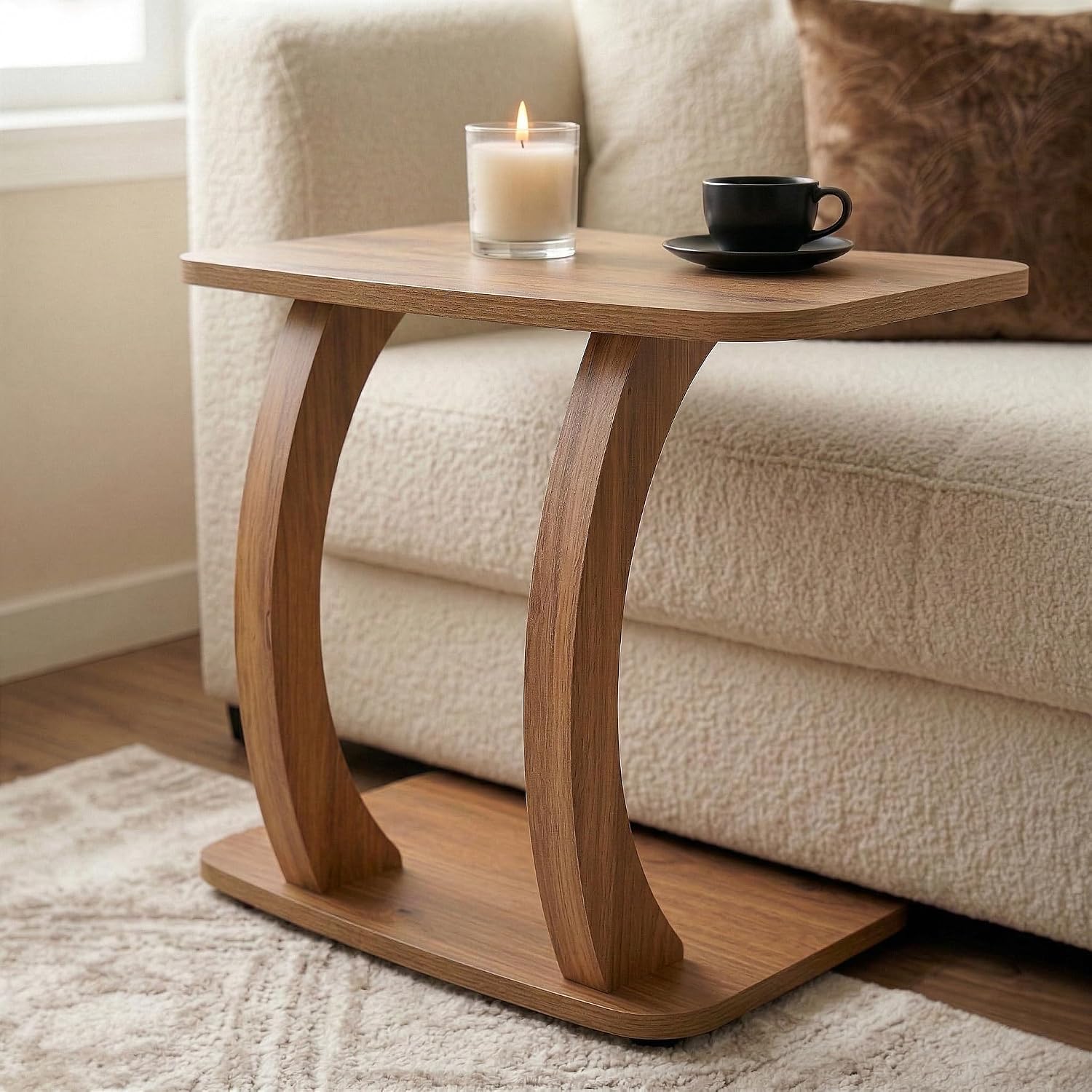 Curved Wood C Shaped Sofa Side Table