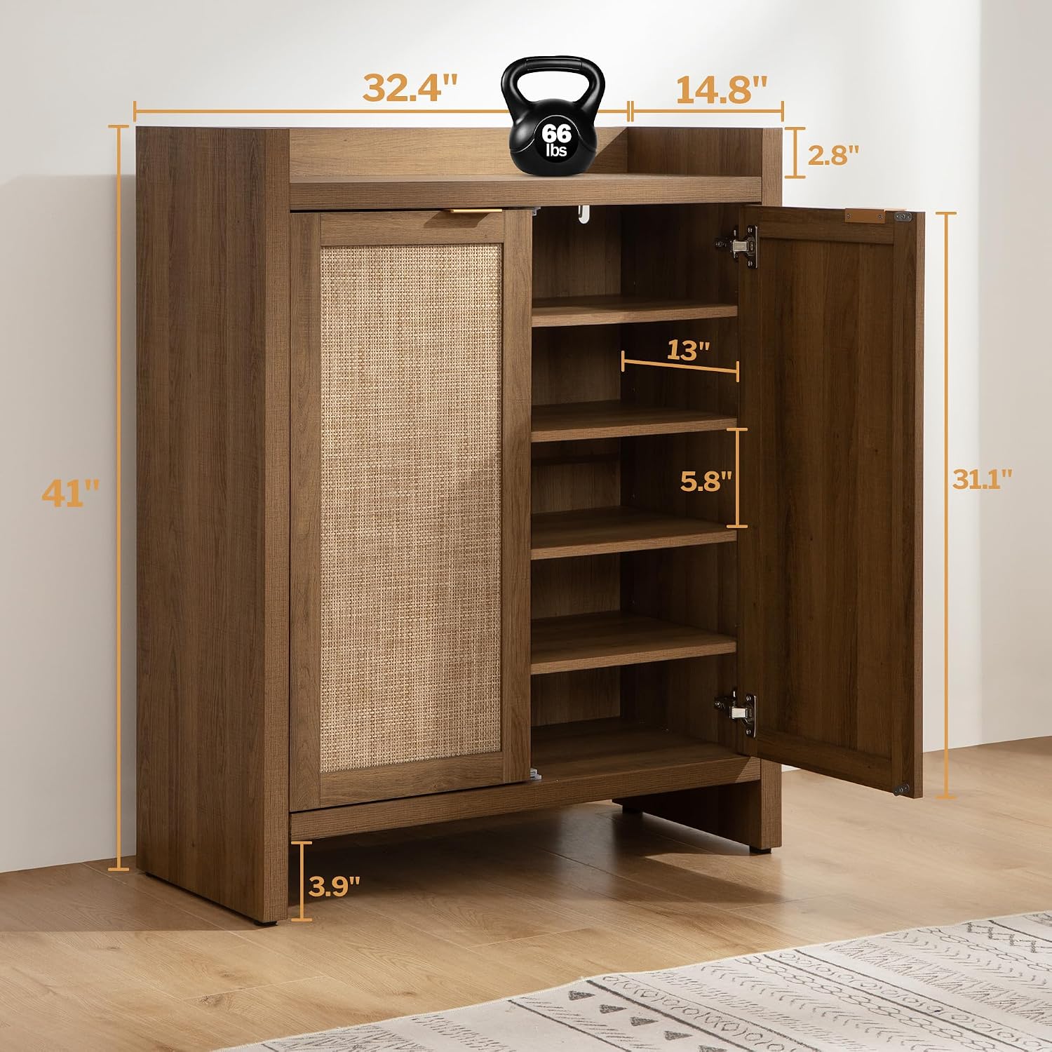 41in Rattan Farmhouse 6-Tier Shoe Cabinet