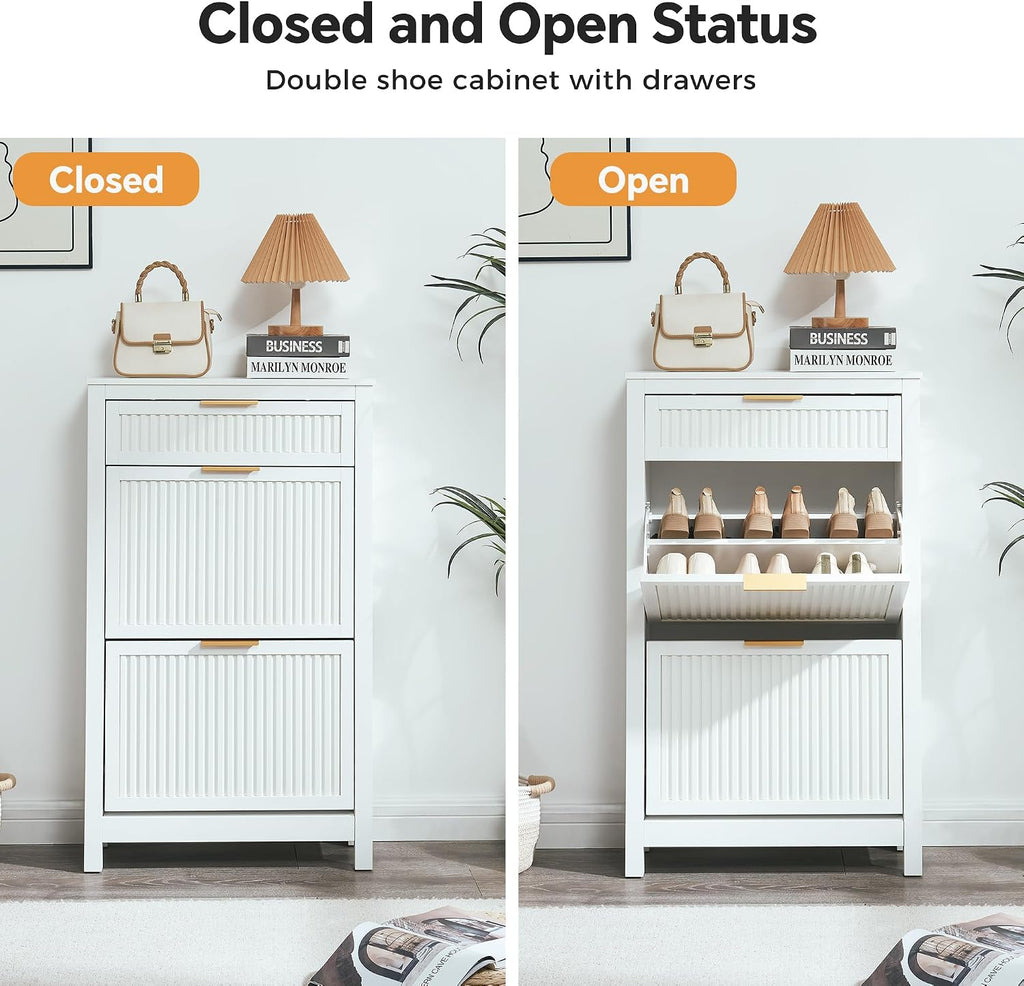 White Narrow 2 Flip Drawers Shoe Cabinet