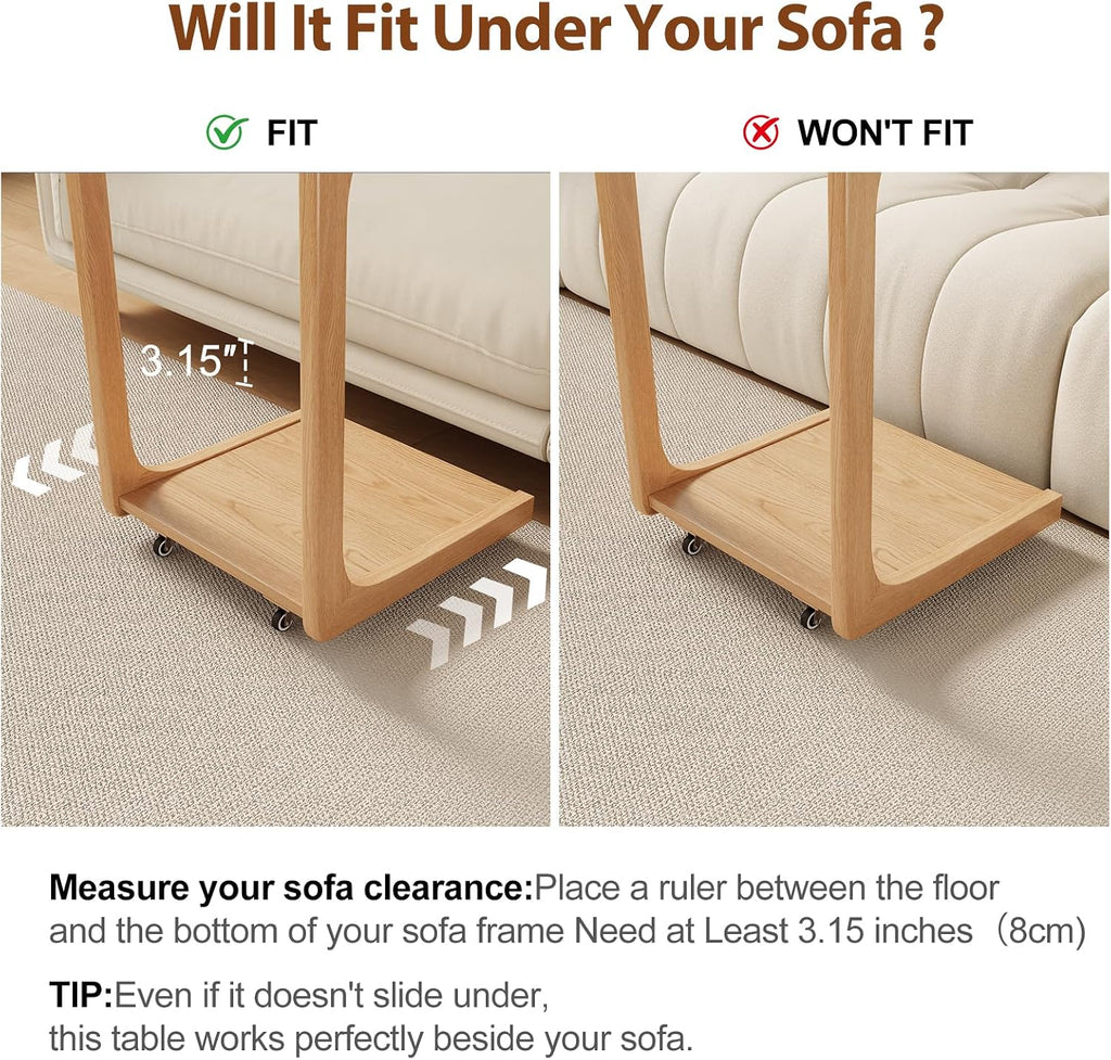 Natural Wood Rolling Adjustable C Side Table