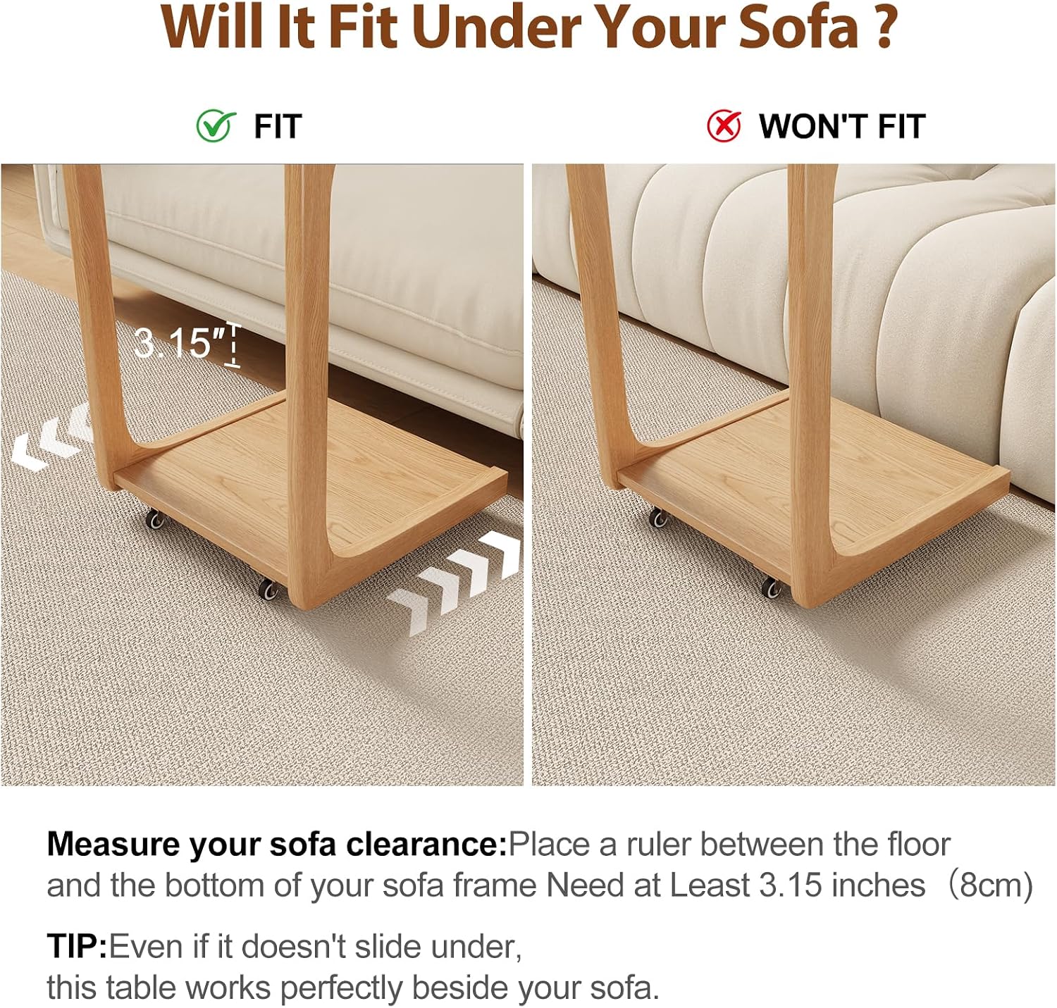 Natural Wood Rolling Adjustable C Side Table