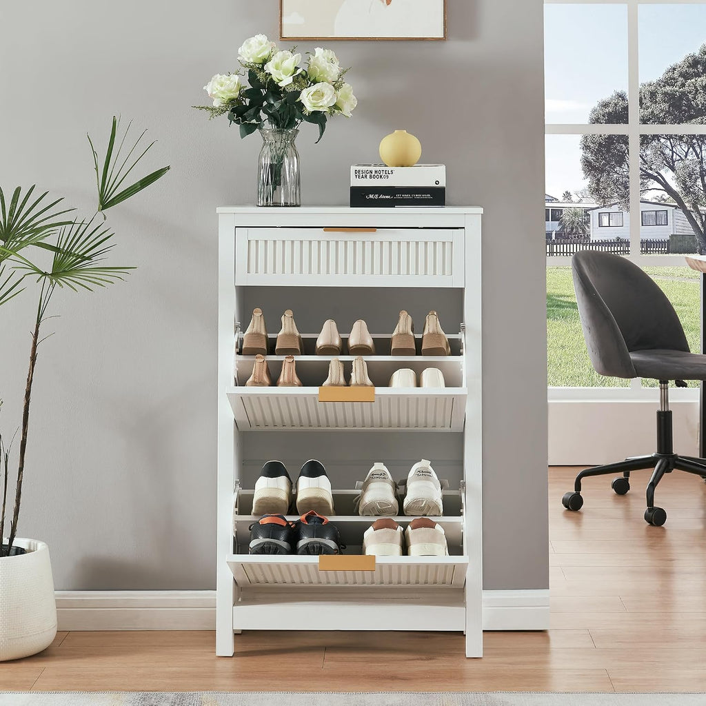 White Narrow 2 Flip Drawers Shoe Cabinet