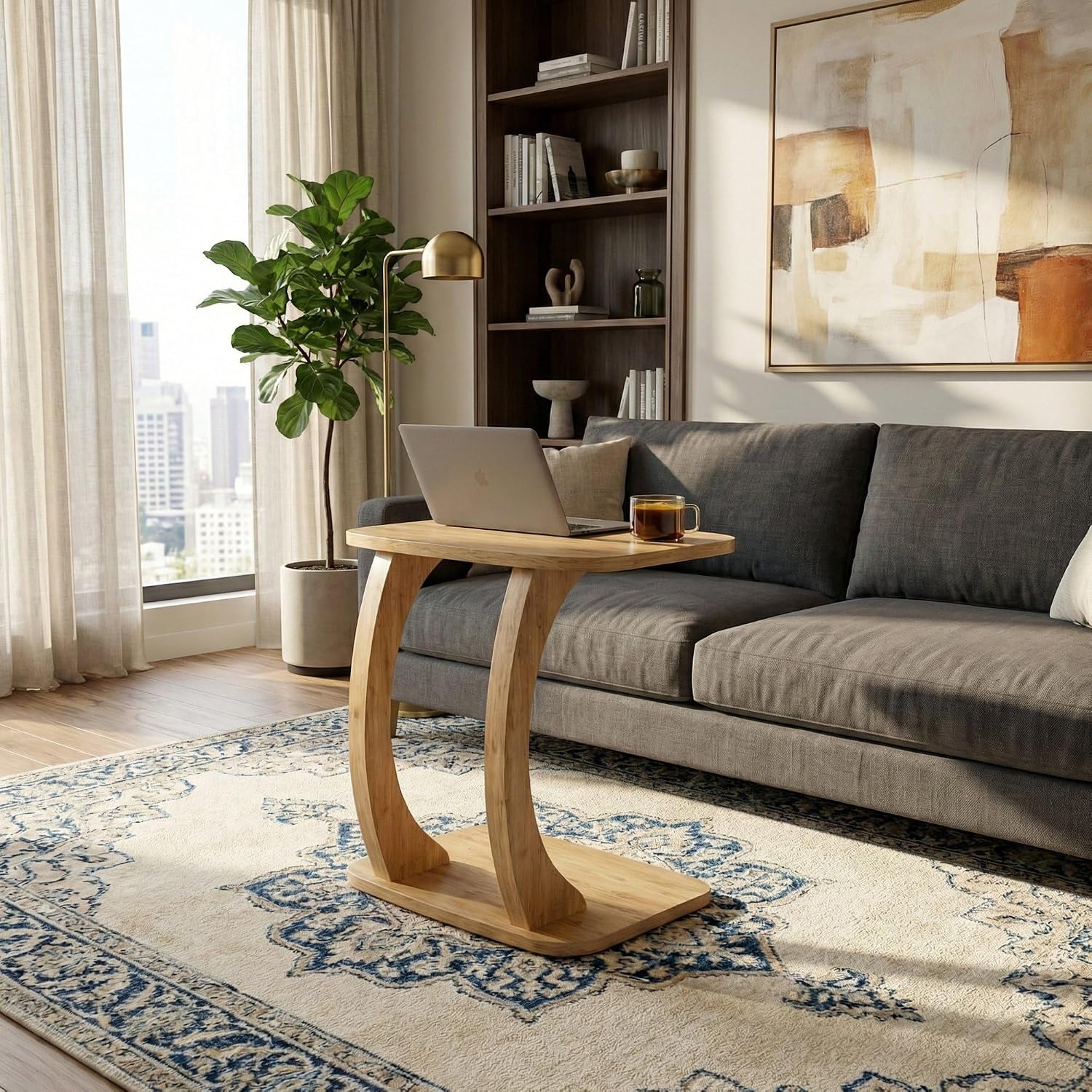 Curved Wood C Shaped Sofa Side Table