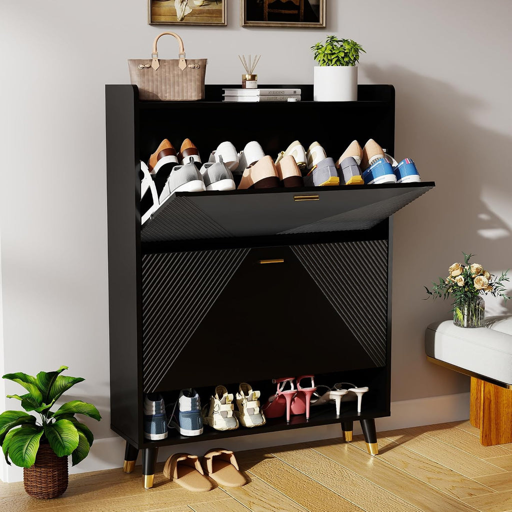 Black 32 Inch Narrow Flip Drawer Shoe Cabinet