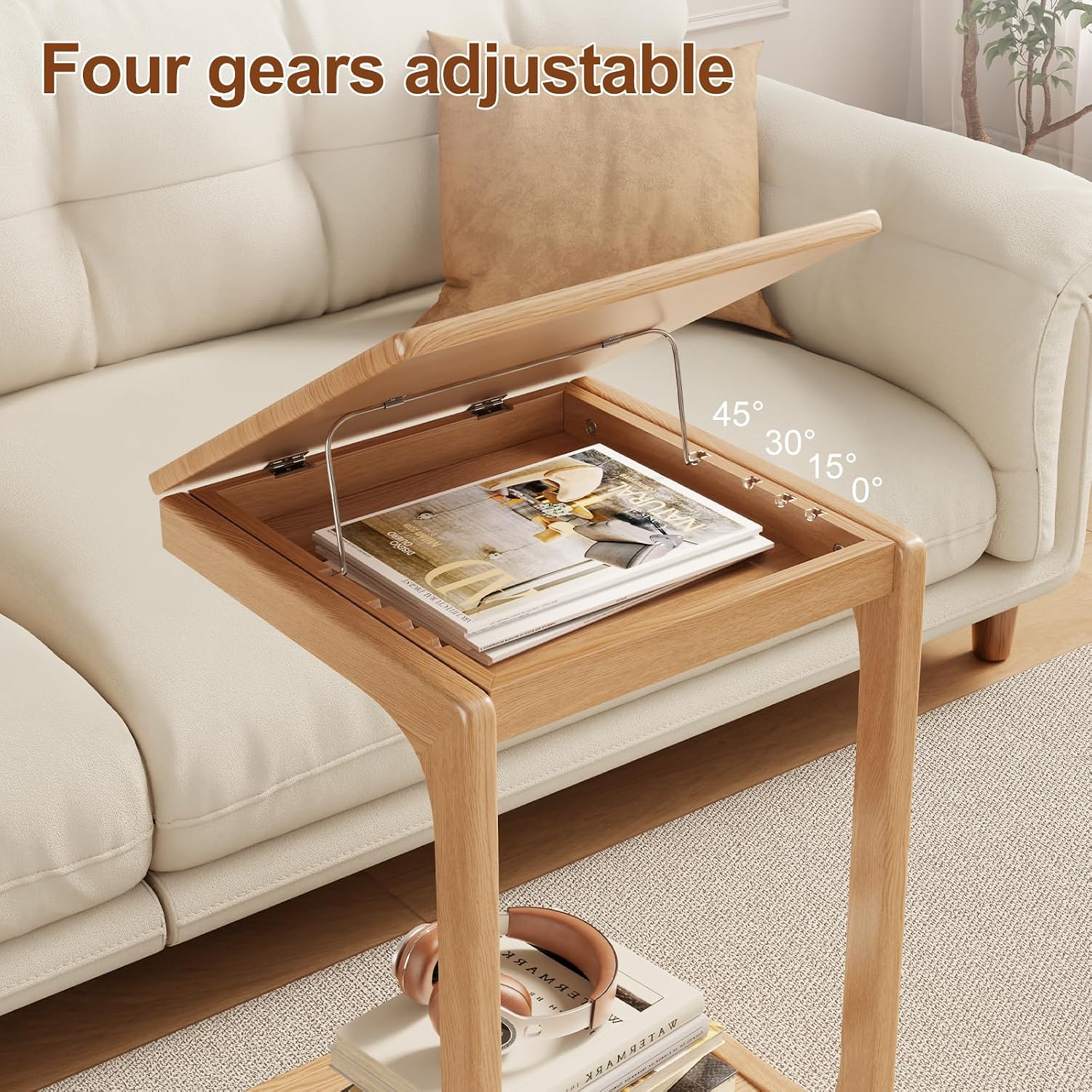Natural Wood Rolling Adjustable C Side Table