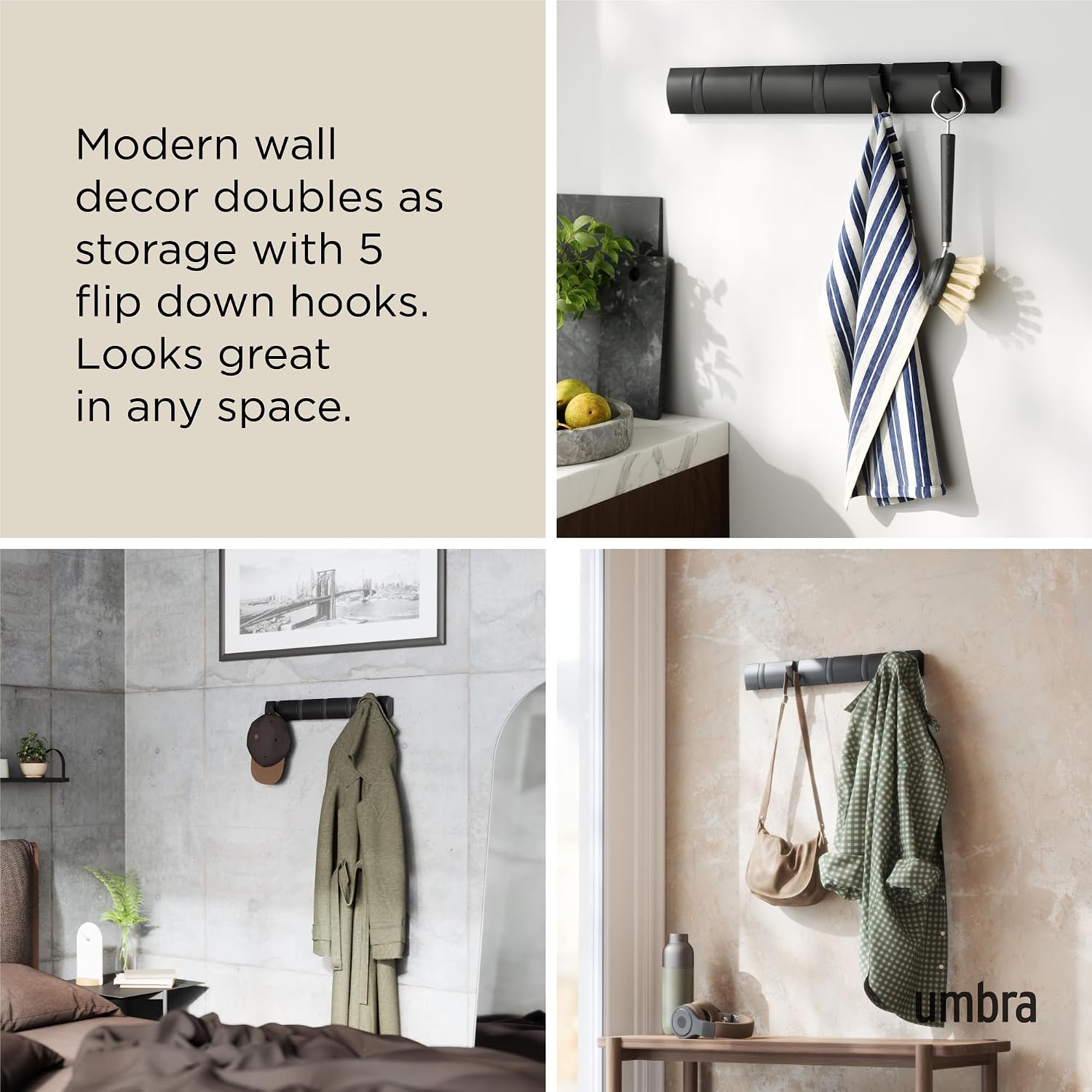 Black Flip Wall Mount Coat Rack 5 Hooks
