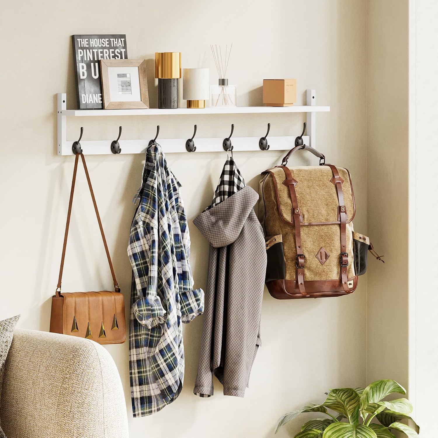 35in White Wall Coat Rack Shelf