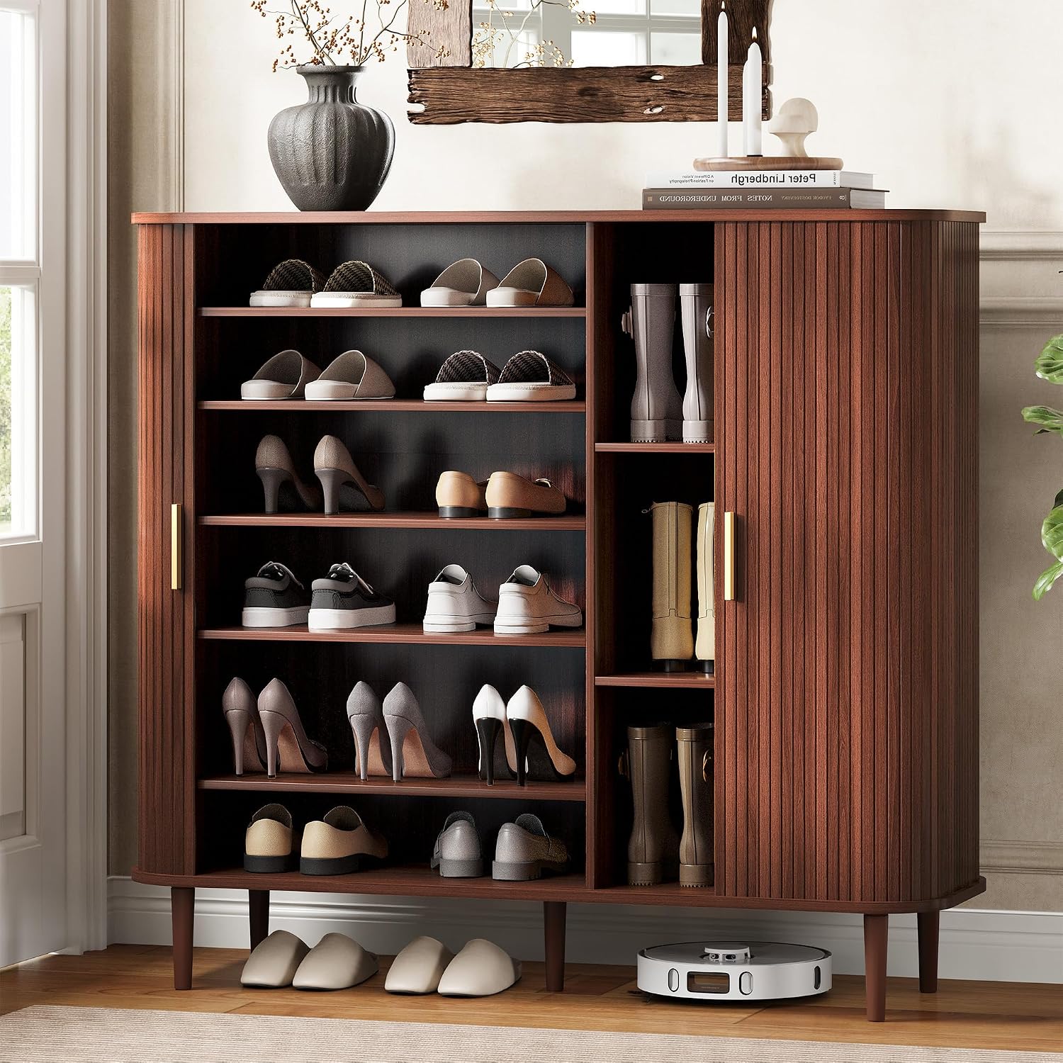 47in Walnut Sliding Door Shoe Cabinet