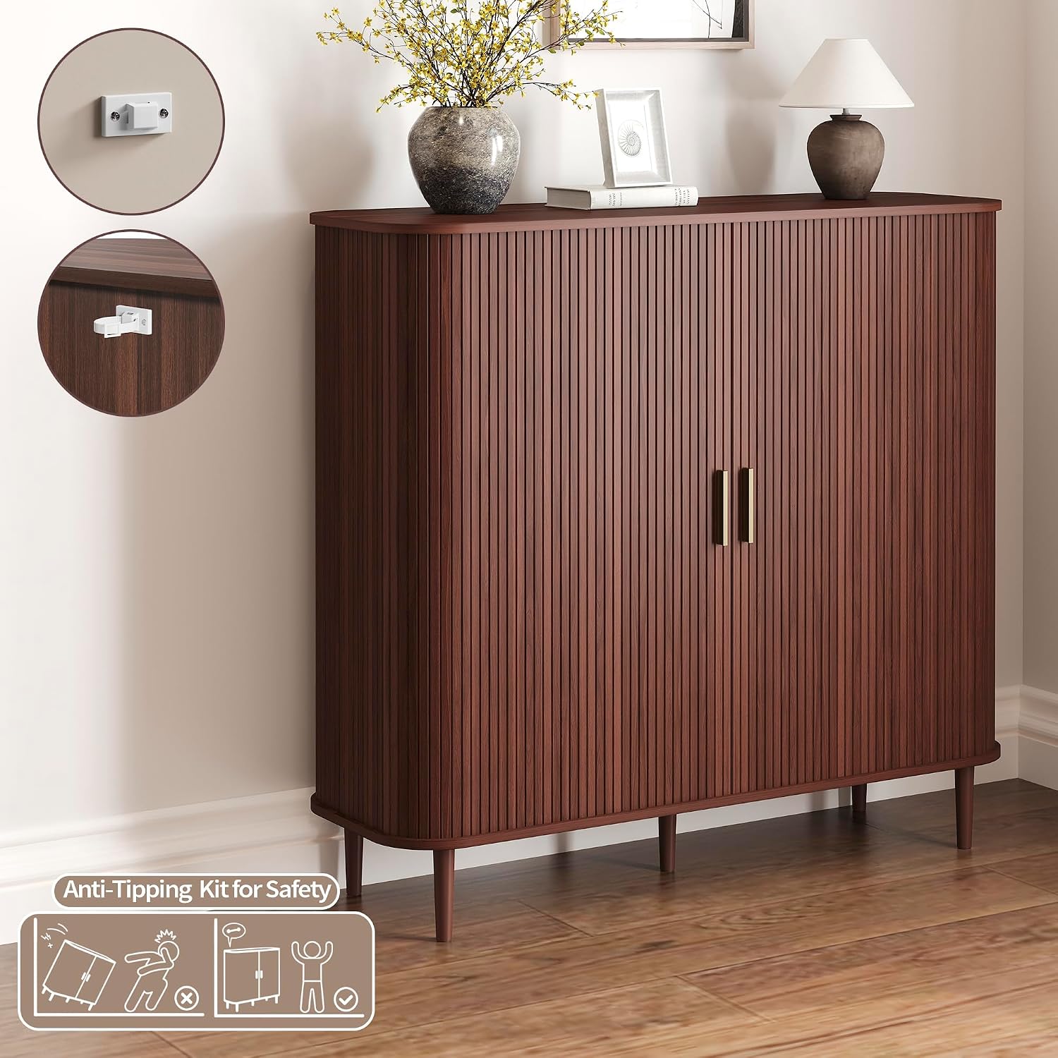 47in Walnut Sliding Door Shoe Cabinet