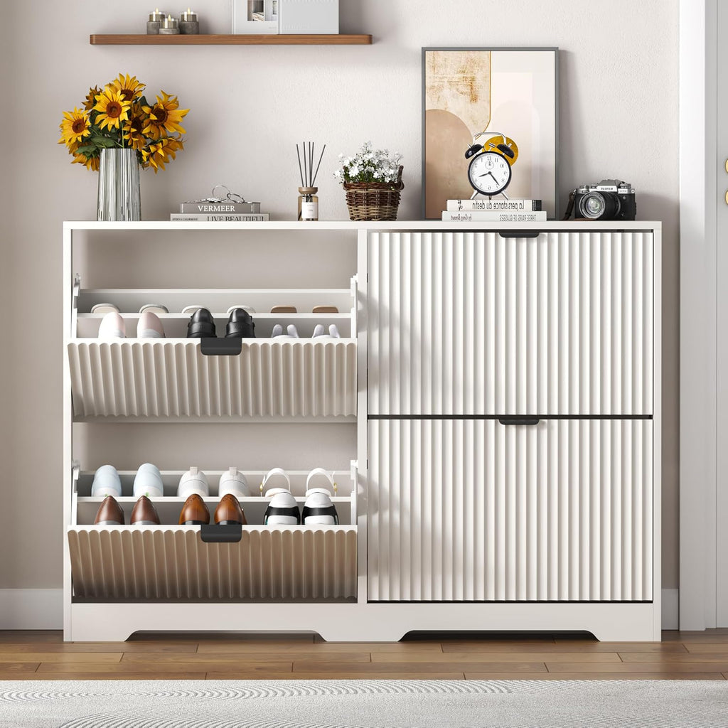 White Fluted 4 Flip Drawers Narrow Shoe Cabinet