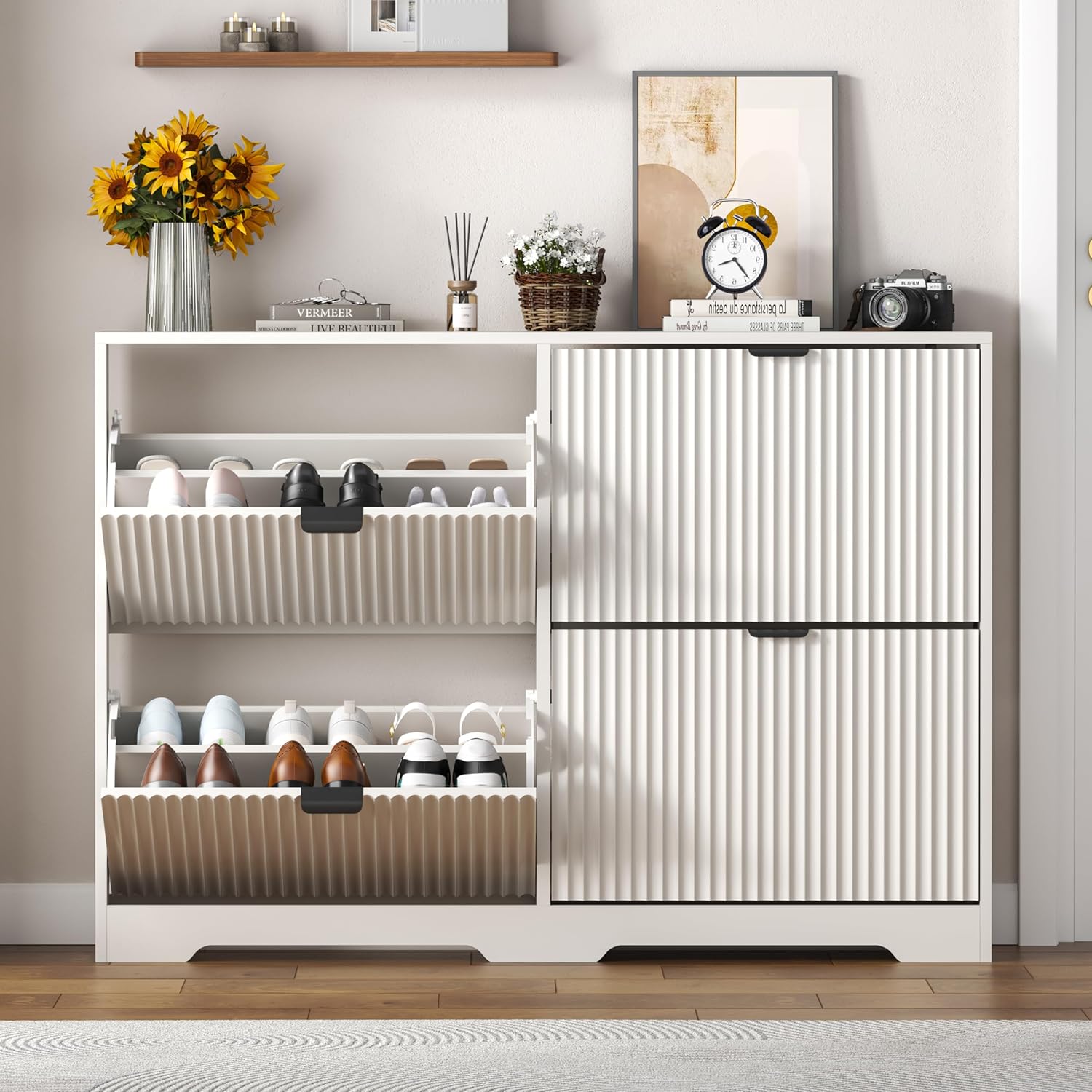 White Fluted 4 Flip Drawers Narrow Shoe Cabinet