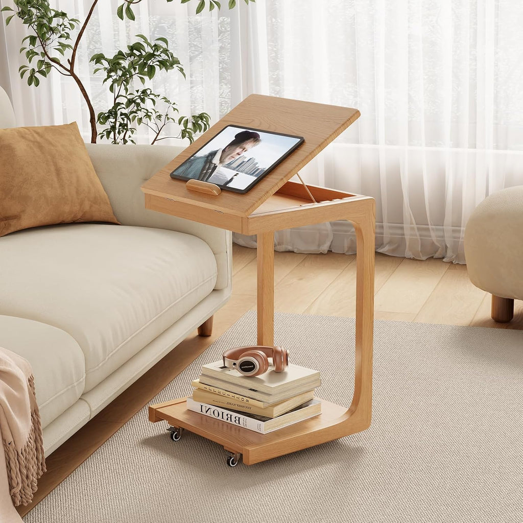 Natural Wood Rolling Adjustable C Side Table