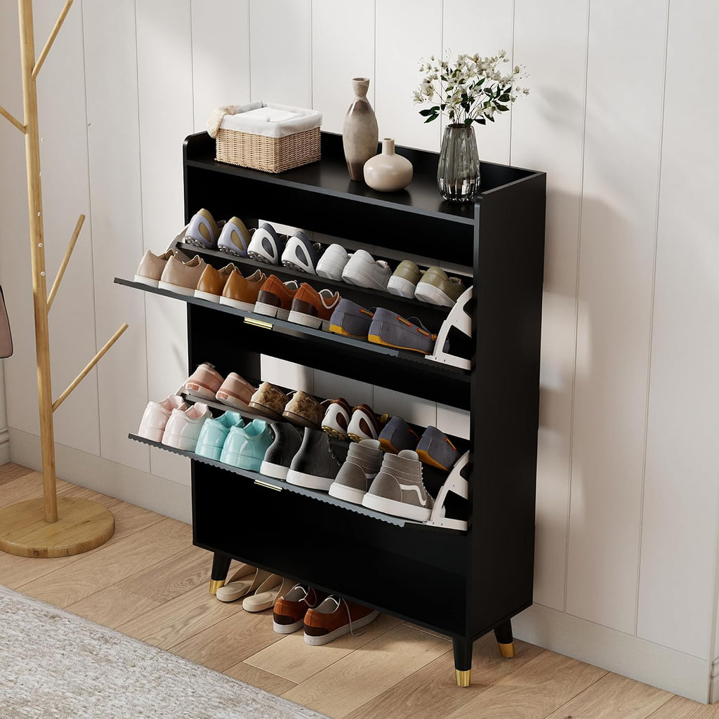 Black 32 Inch Narrow Flip Drawer Shoe Cabinet