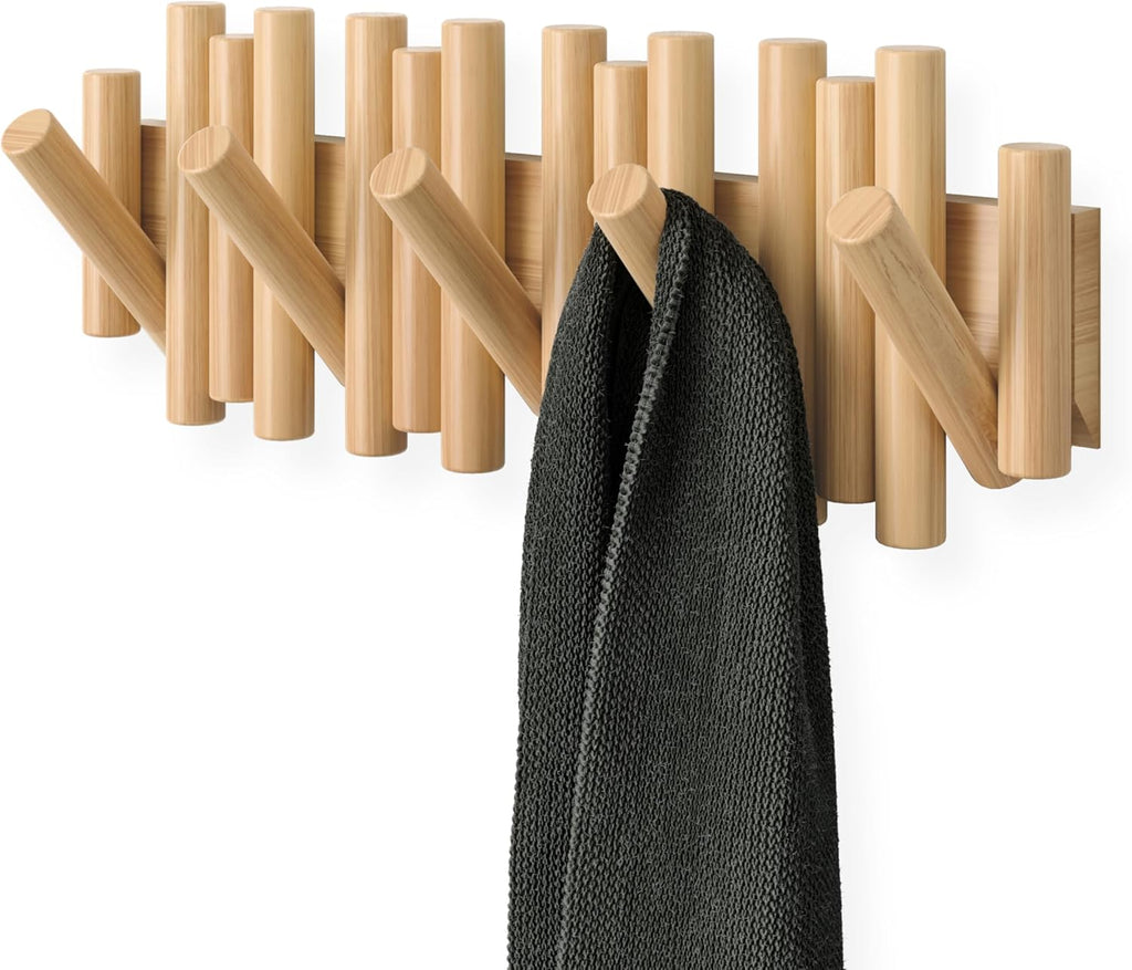 Natural Wood Wall Mount Flip 5 Hooks Coat Rack