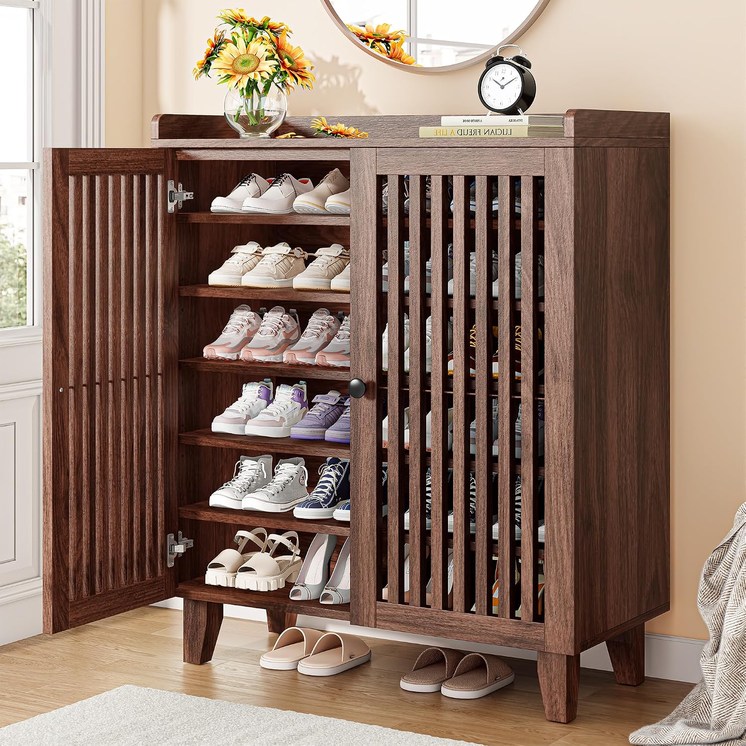 Walnut Slatted Door 6-Tier Shoe Cabinet