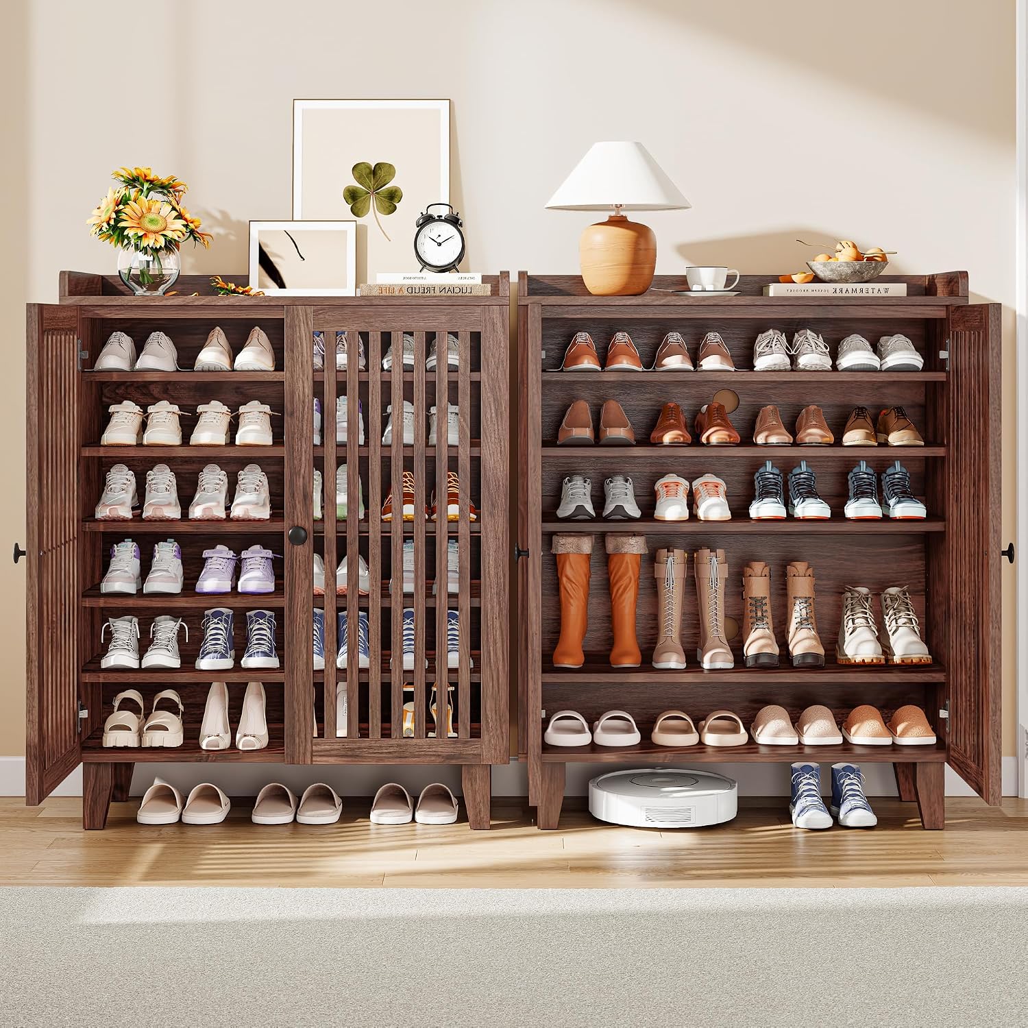 Walnut Slatted Door 6-Tier Shoe Cabinet
