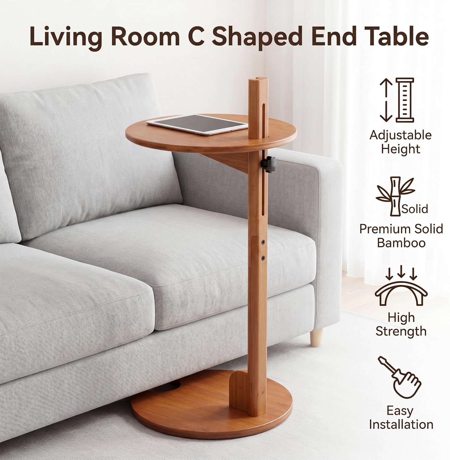 Walnut Bamboo Adjustable C Side Table Round