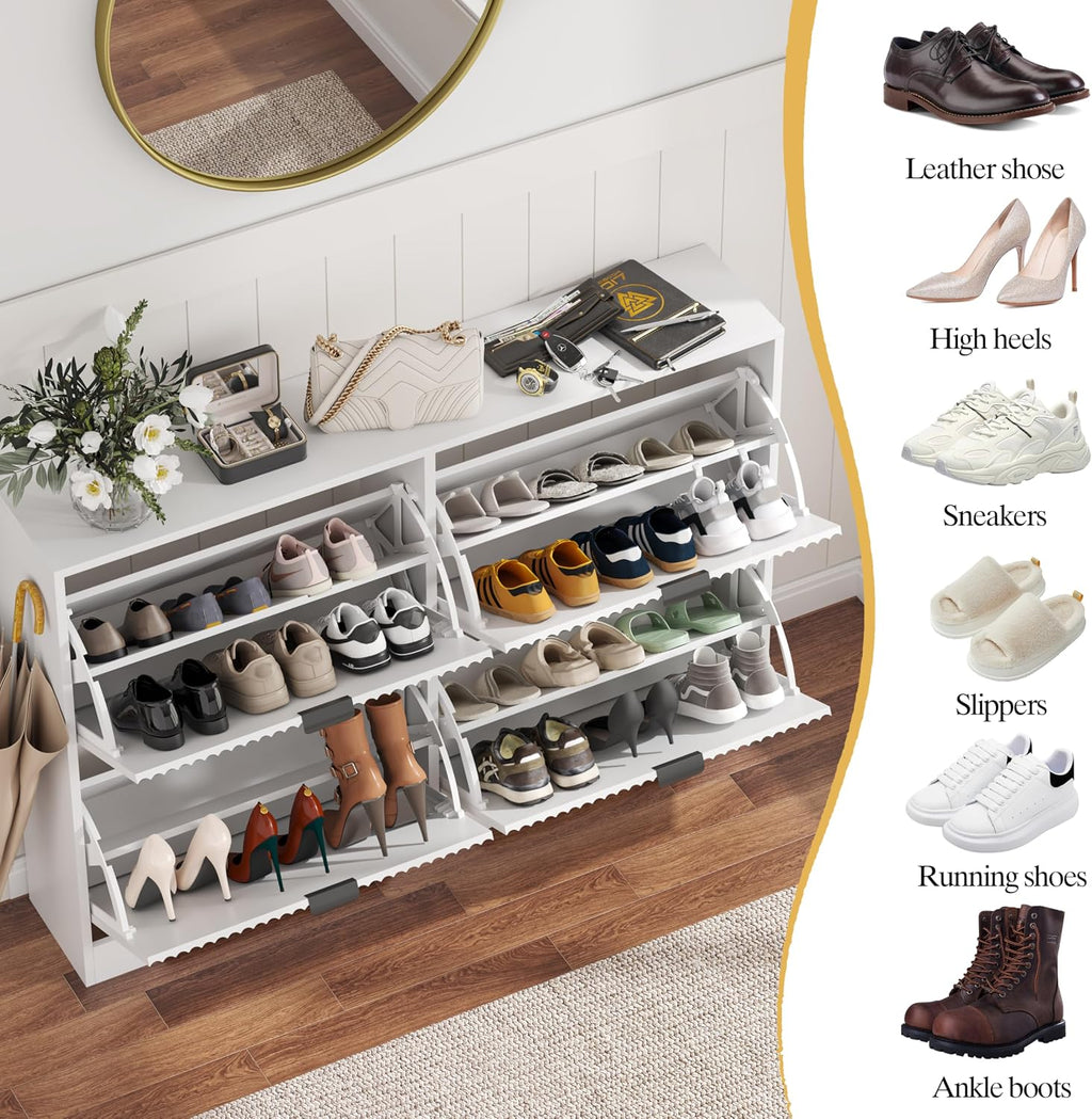 White Fluted 4 Flip Drawers Narrow Shoe Cabinet
