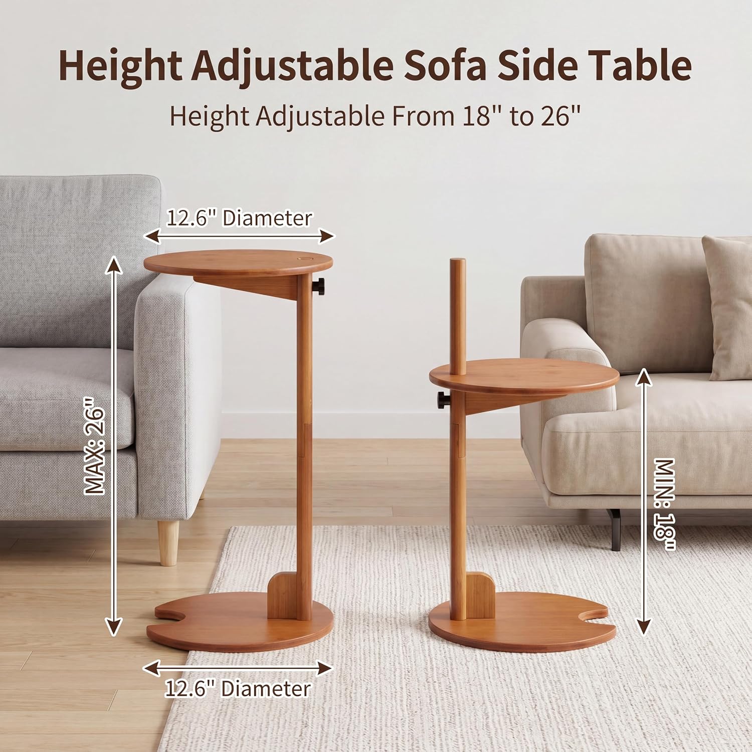 Walnut Bamboo Adjustable C Side Table Round