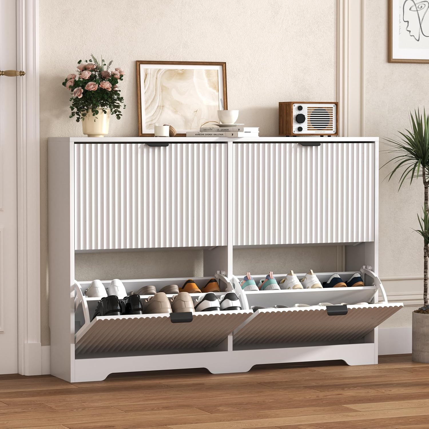 White Fluted 4 Flip Drawers Narrow Shoe Cabinet