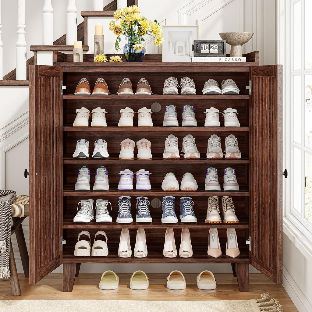 Walnut Slatted Door 6-Tier Shoe Cabinet