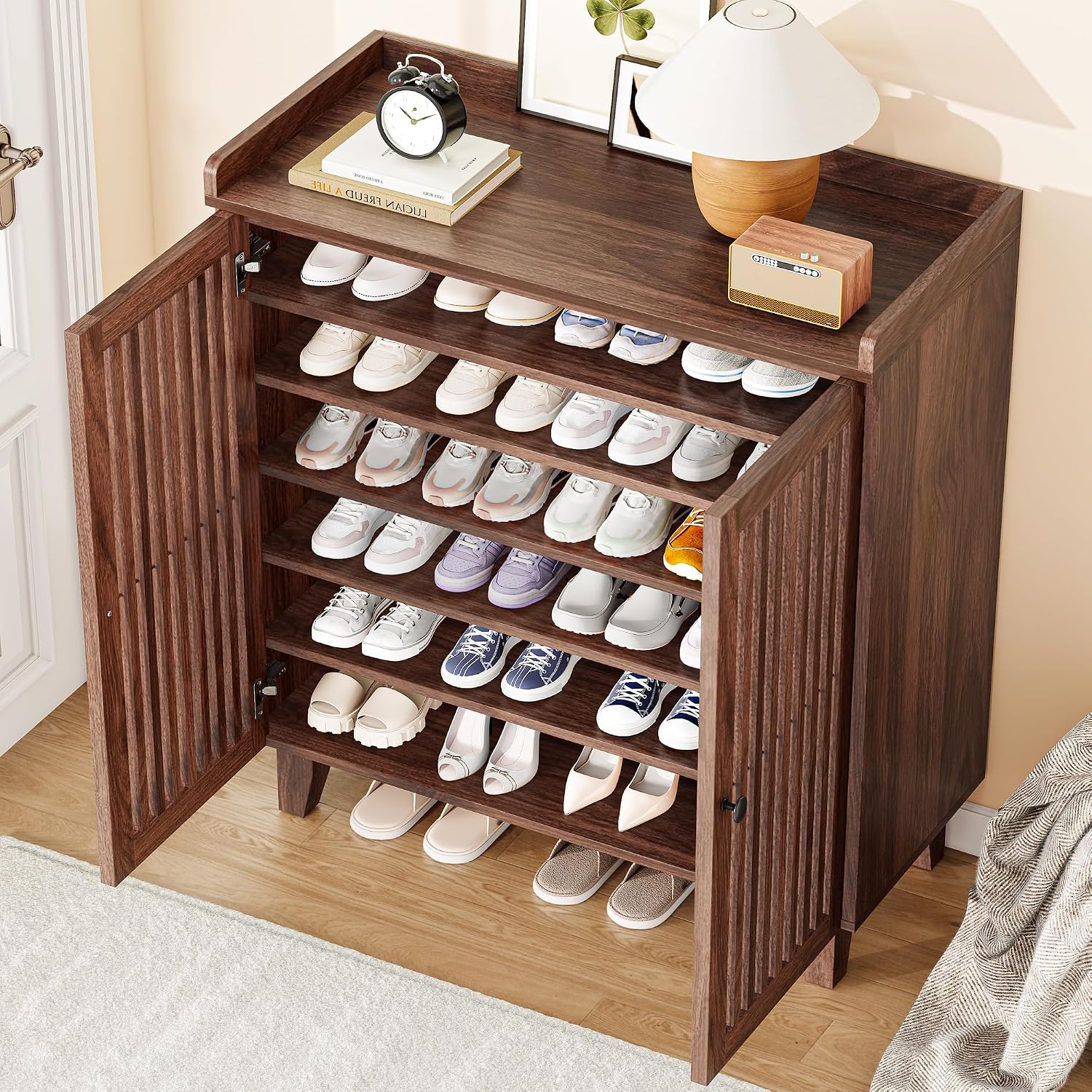 Walnut Slatted Door 6-Tier Shoe Cabinet