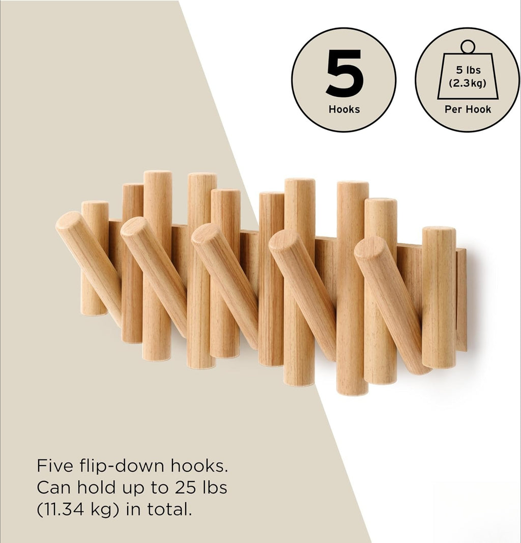 Natural Wood Wall Mount Flip 5 Hooks Coat Rack